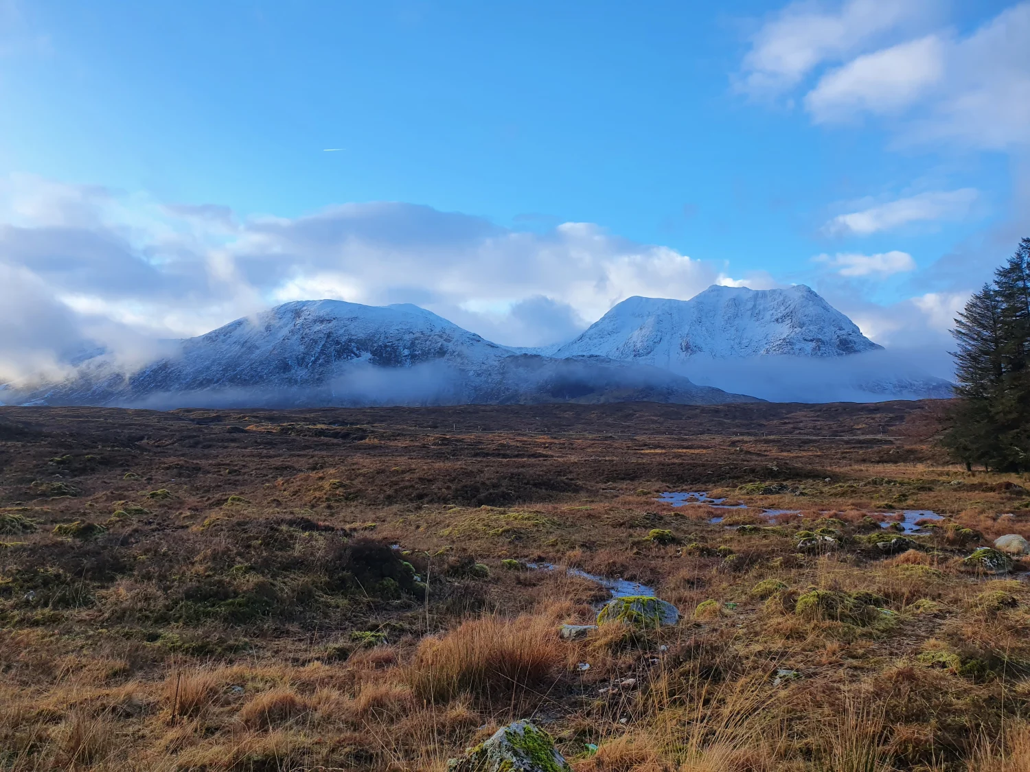Meall a' Bhùiridh and Creise capped with snow and wreathed in cloud, seen across the moor from the West Highland Way